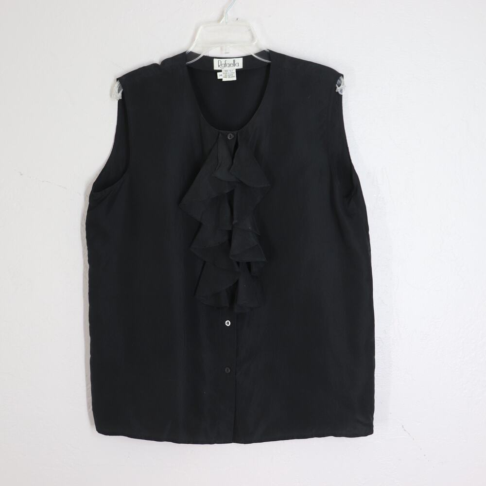 Rafaella Silk Top Women 14 Black Sleeveless Blouse Ruffle Collar Button Front